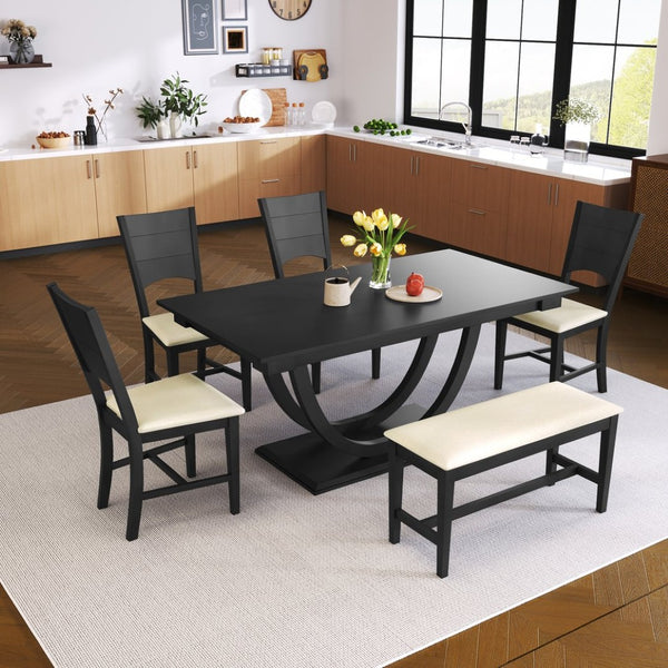 English Elm Topmax Six Piece Rubberwood Dining Set with Bench Linen Seats Sculptural Modern Style Gray N717S000029E