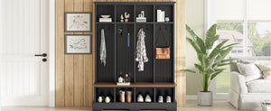 English Elm Farmhouse Hall Tree with Triple Arch Back Panel Eight Hooks Drawers and Entryway Bench Black N721S000075B