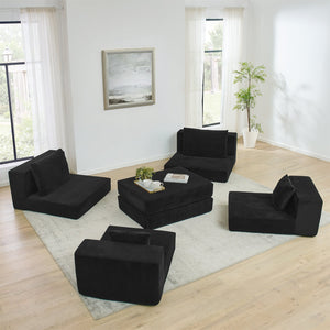 English Elm Modular Cloud Sectional Sofa with Corduroy Upholstery, Deep-Seat Sleeper Loveseat, Removable Ottoman, No-Assembly Comfort and Customizable Configuration Black W1117P357545