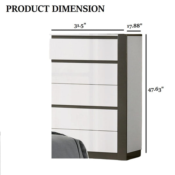 English Elm Contemporary Modern Two-Tone Chest with Concealed Pulls, High-Gloss Finish and Asymmetric Design Metallic Grey,White 35 L x 21 W x 52 H B2741P380257