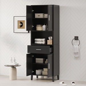 English Elm 70.9" High Freestanding Tall Bathroom Cabinet with Soft-Close Doors, Drawer & Adjustable Shelves for Organized Living Black N729P272001B