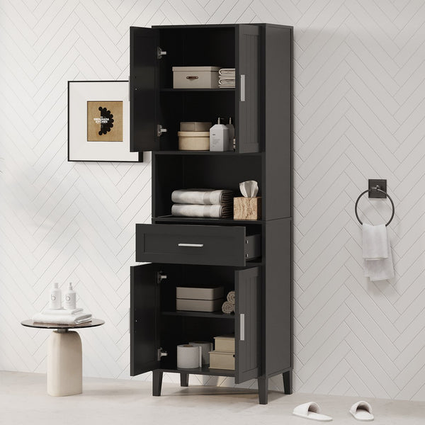 English Elm 70.9" High Freestanding Tall Bathroom Cabinet with Soft-Close Doors, Drawer & Adjustable Shelves for Organized Living Black N729P272001B
