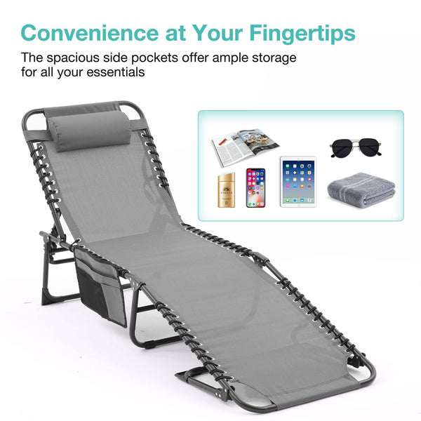 English Elm Folding Chaise Lounge Set of 2 - Portable Outdoor Pool Chairs with 4-Position Recline, Breathable Mesh, Pillow Black+ Gray W3162P277278