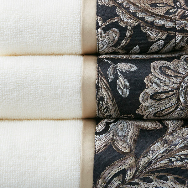 JLA Home Madison Park - 6 Piece Jacquard Towel Set — 100% Cotton OEKO-TEX Black & Gold Paisley Hem, Ultra-Absorbent Luxury MP73-5309