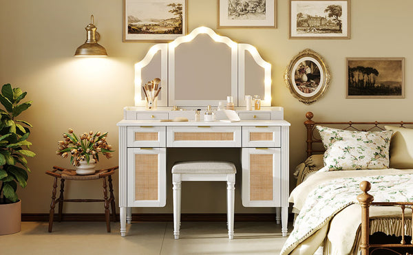 English Elm 44.37 Inch Hollywood Led Vanity Desk Tri-fold Mirror Bamboo Drawers Bedroom White N704P342558K
