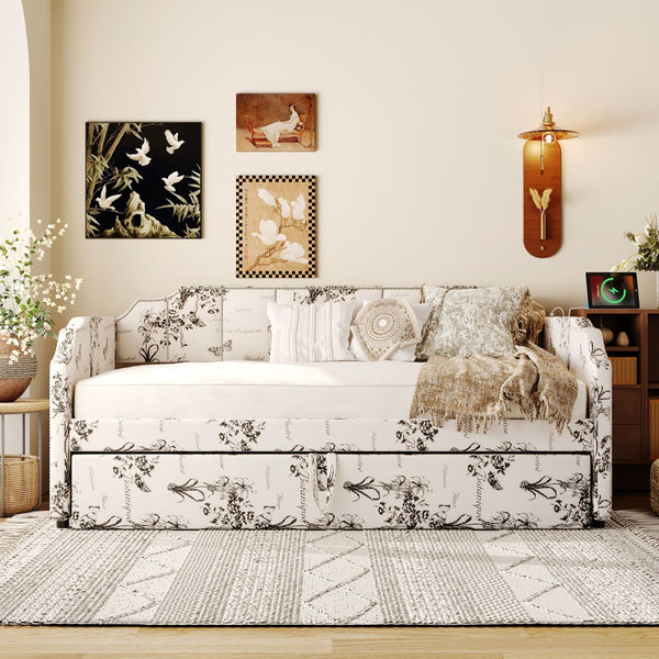 English Elm Twin Linen Upholstered Daybed with Pop up Trundle and Built in Usb Charging White Tossed Botanical SF000199AAZ