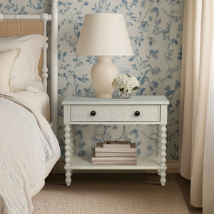 English Elm Large Cottage Nightstand with Spindle Legs Open Shelf and Drawer for King Beds Antique Cream B035P408397