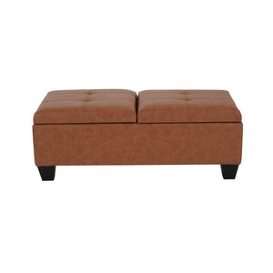 English Elm Christopher Knight Home® - LANISTER Storage Ottoman DBL TOP - Brown/Tan PU Leather, Sturdy Wood Frame, Cushioned Seating & Hidden Storage (47x22x18.25) N757P263031T