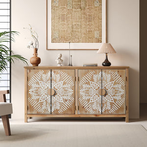 English Elm 60"Wood Vintage Accent Cabinet 4 Doors Antique Brown & White MDF Buffet Console for Living Room Storage W2295P306897