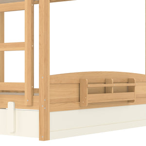 English Elm Queen Bunk Bed with Trundle Solid Pine Kids Car Themed Frame Built-in Bookshelf Natural+Beige W1580S00449