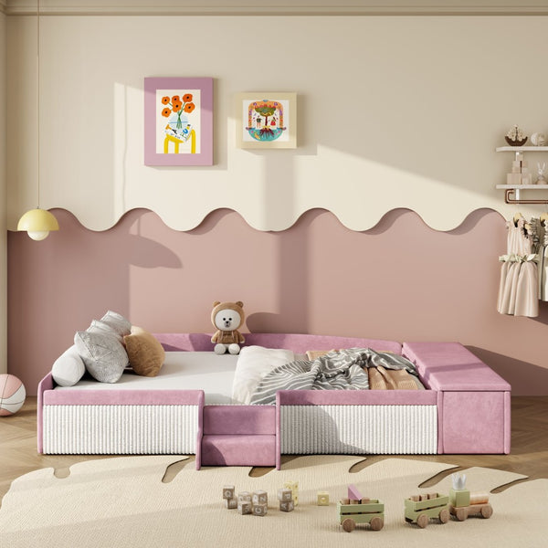 English Elm Full Size Kids Velvet Platform Daybed with Storage Ottoman Staircase Padded Rails Pink+White SF000202AAH