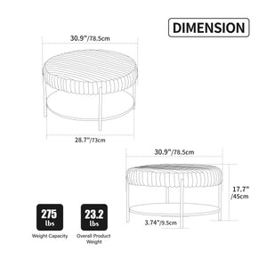 English Elm 30.9"Wide Faux Fur Ottoman with Open Wooden Shelf and Black Metal Legs — Plush Round Coffee Table Seat Brown W3098P296973