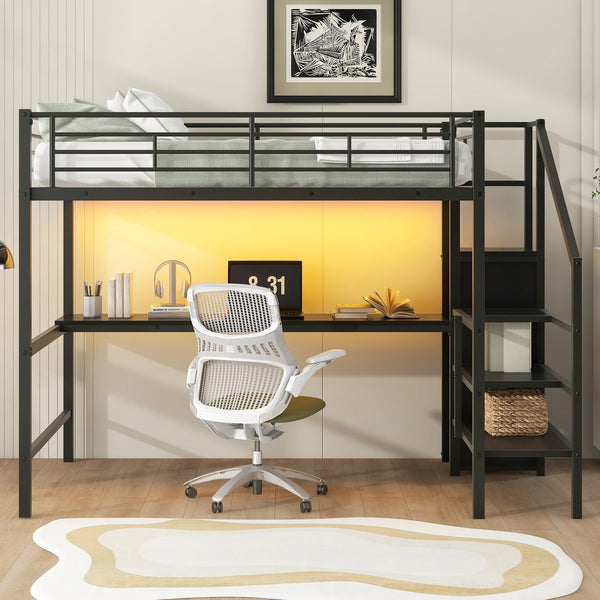 English Elm Full Size Metal Loft Bed With Desk, Storage Staircase, Wardrobe & Led Light - Space-Saving Design GX000620AAD