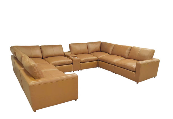English Elm Leather Match Modular Sectional with Integrated Console and Generous Living Room Seating Ginger B2748S00168