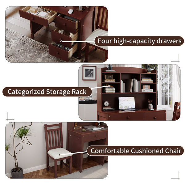 English Elm Vintage 40'' Home Executive Desk Set with Upholstered Chair and Built-In Bookshelf for Stylish Productivity Espresso 44 L x 23 W x 13.5 H N733P272894P
