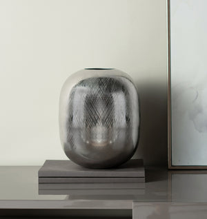 English Elm 10.5x10.5x13" Aluminum Vase with Silver Streak Finish – Lightweight Round Decorative Accent for Mantel, Table, Console W2078P316648