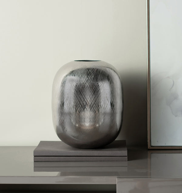 English Elm 10.5x10.5x13" Aluminum Vase with Silver Streak Finish – Lightweight Round Decorative Accent for Mantel, Table, Console W2078P316648