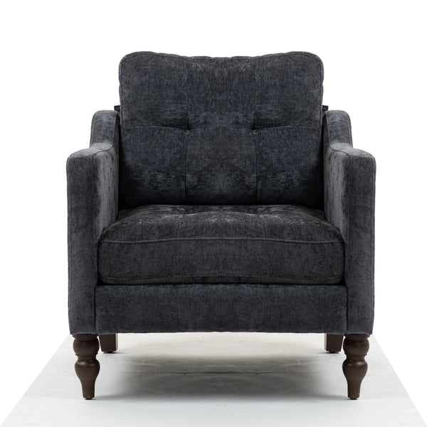 English Elm Accent Comfy chenille chair with USB charging, ergonomic wide back, high-rebound sponge, retro wooden legs DARK GREY W2715P312493