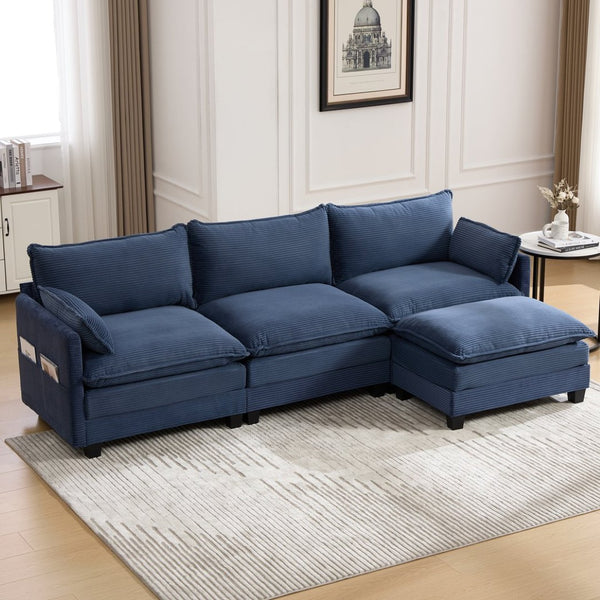 English Elm United We Win Modular Corduroy Sectional with Ottoman Low Profile Living Room Couch Navy W1568S00261