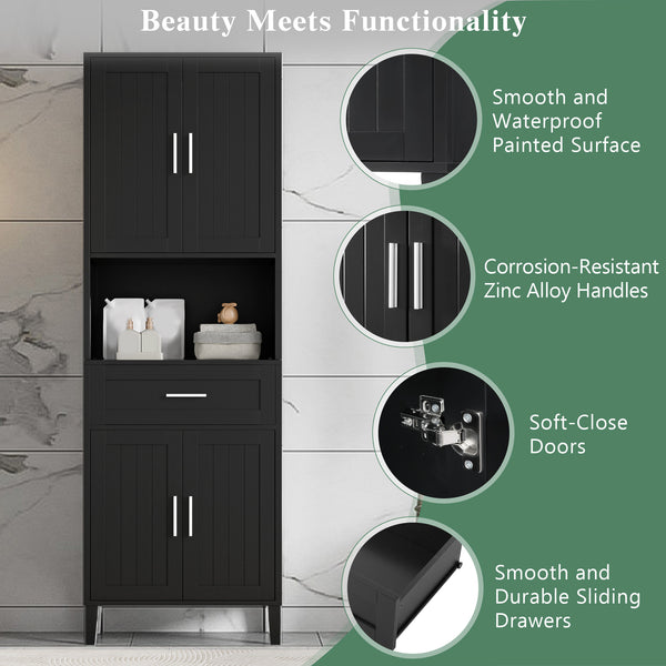 English Elm 70.9" High Freestanding Tall Bathroom Cabinet with Soft-Close Doors, Drawer & Adjustable Shelves for Organized Living Black N729P272001B