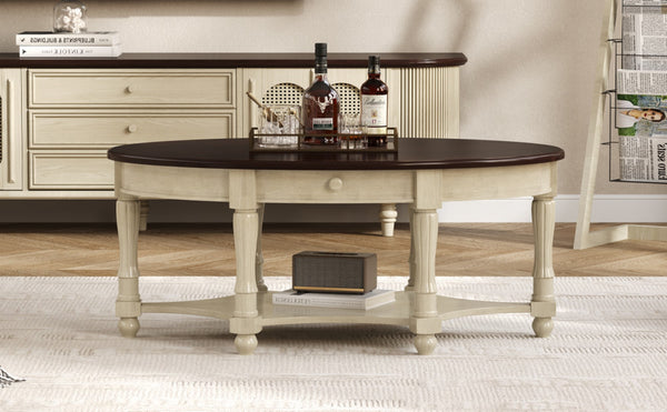 English Elm Vintage Oval Coffee Table With Drawer & Storage Shelf - French Country Charm For Living Rooms N735P277388K-GIGA