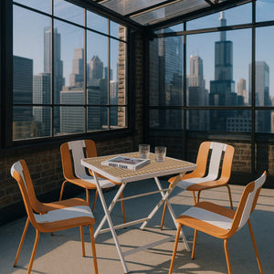 English Elm 4-Pack Modern Striped Color Block Chairs with 55" Long Table — Waterproof PP Seats, Rustproof Metal Frame Beige,khaki,Tropical Orange,White W3450S00042