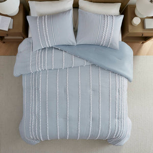 English Elm 3-piece Cotton Yarn Dyed Comforter Set Jacquard Pompom Stripe Coastal Bedroom Blue B035P482892