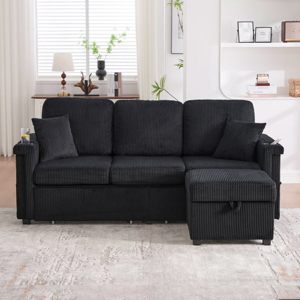 English Elm UNITED Corduroy L-Shaped Sectional Sofa with Storage Ottoman, USB Ports, Cup Holders & LED Lighting Black W1568P332409
