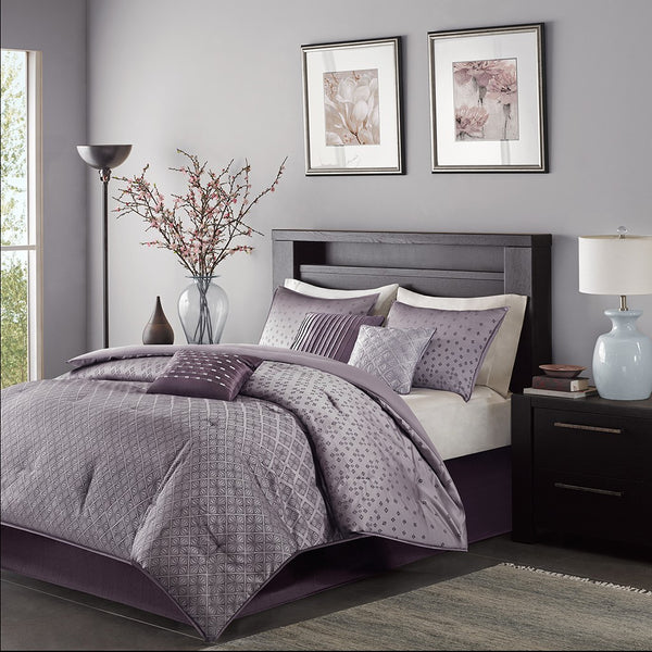 English Elm 7 Madison Park Biloxi Jacquard Comforter Set Purple Cal King - Ombre Sequin Look, 7-Piece Elegant Bedding B03597296