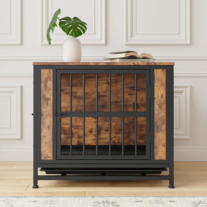 English Elm Dog Crate Furniture Wooden Kennel with Iron Frame Dual Sliding Doors Indoor Side Table W840P203065