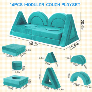 English Elm 14pcs Modular Foam Play Couch Set Convertible Toddler Fort Builder for Playrooms Cyan T5880P493442