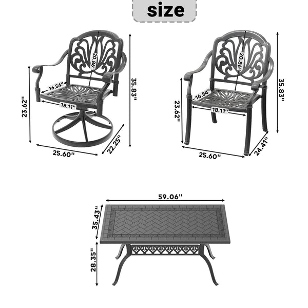 English Elm 7-Piece Outdoor All-Weather Dining Set With Swivel Chairs, Cushions, And Stylish Black Frame W1710S00370