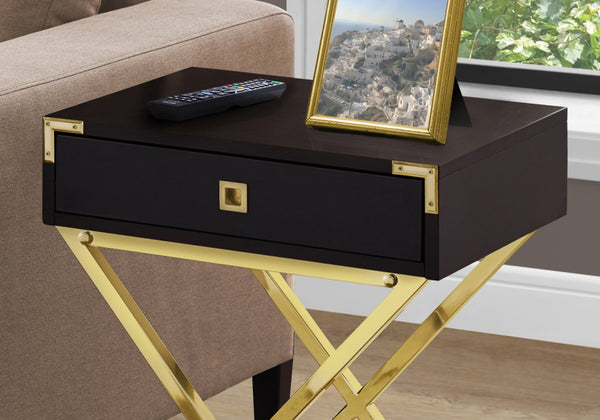 English Elm Accent Rectangular Side Table with Drawer and Chrome X-Leg Base, Modern Retro Nightstand for Living Room Bedroom Espresso 25 L x 21 W x 5 H B2710P219334