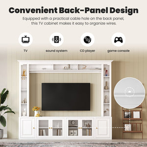 English Elm 4-Piece Modern Entertainment Center Wall Unit with Tempered Glass Doors, Adjustable Shelves, Designer Bridge and Cable Management for Spacious Living Room Storage White N721S000052K