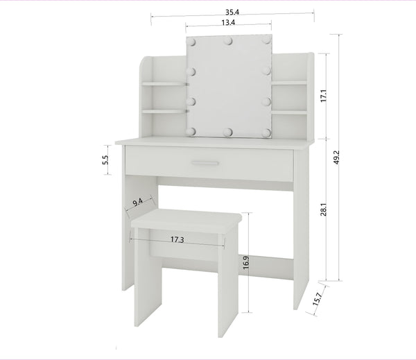 English Elm One drawer dresser table Ancient White Vanity with Stool, Adjustable Mirror, Compact Elegant Makeup Station W2139P306364