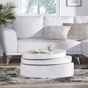 English Elm Christopher Knight Home® - MODERNESQUE Oval Rotating Coffee Table with 3-Tier Swivel Surfaces, Plywood Build, Sleek Modern Functionality Gloss White N758P245072W