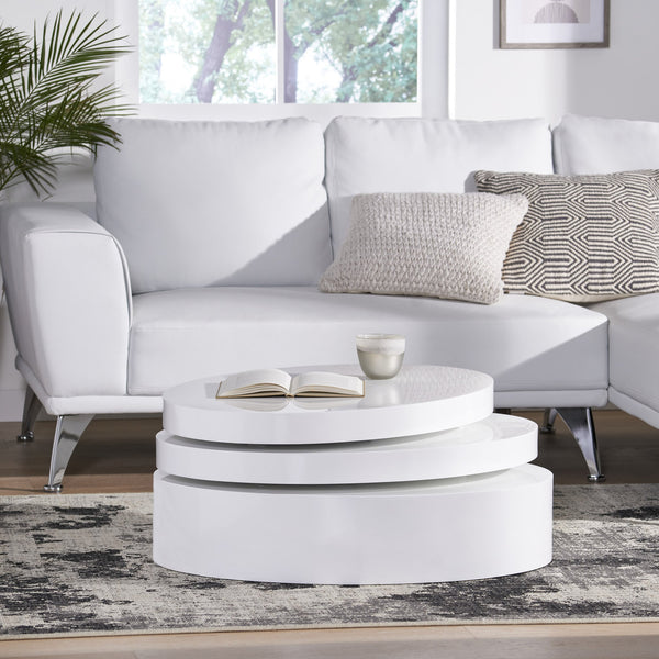 English Elm Christopher Knight Home® - MODERNESQUE Oval Rotating Coffee Table with 3-Tier Swivel Surfaces, Plywood Build, Sleek Modern Functionality Gloss White N758P245072W