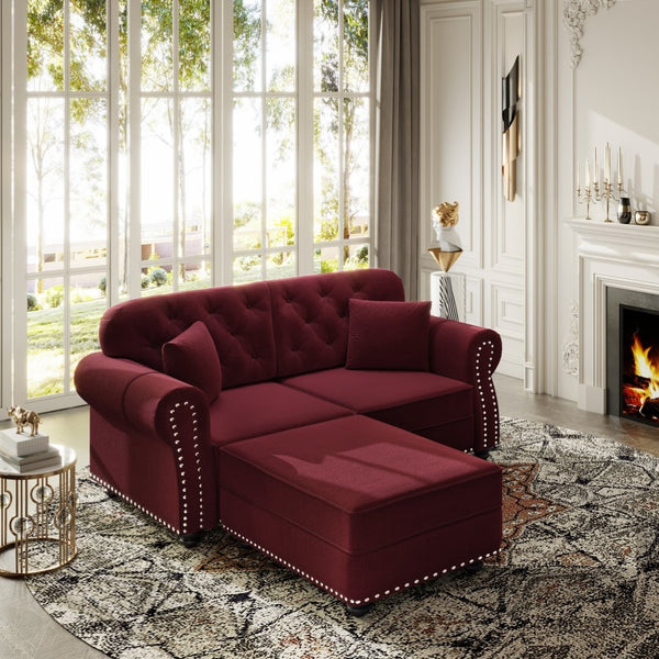 English Elm 63"upholstered Velvet Loveseat with Tufted Back Nailhead Arms Chesterfield Living Room Burgundy W1885S00381