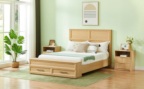 English Elm Queen Storage Bed with Geometric 3d Headboard Four Drawers and Walnut Finish W1820S00046