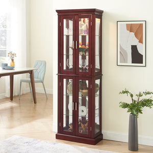 English Elm Curio Display Cabinet with Internal Lighting, Mirrored Back, 6 Adjustable Shelves, Glass Doors Cherry W1693P154579