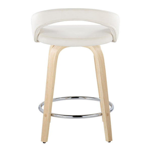 English Elm Fixed-height Swivel Counterstools with Velvet Seats Bent Wood Legs and Chrome Footrest B202S01764