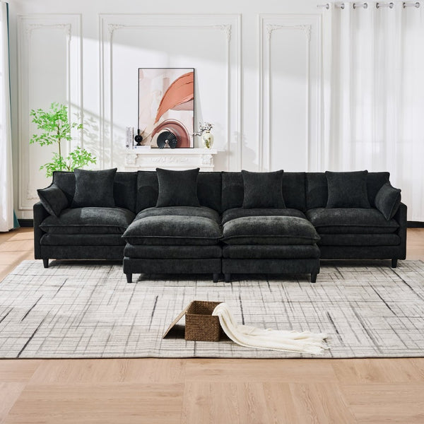 English Elm 140.9-inch U-shaped Modular Sectional Sofa with Ottomans Chenille Cloud Cushions Black W288S00030