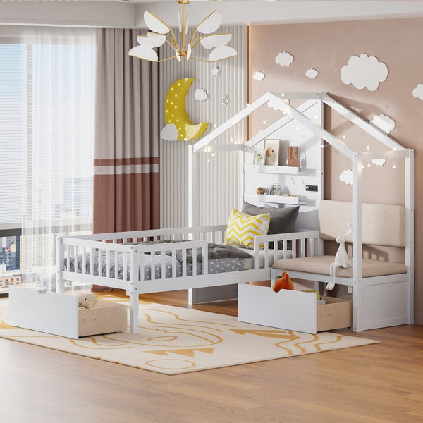 English Elm Twin House Bed Frame with Sofa Seating Led Lighting Drawers and Wireless Charging LP000521AAK-1