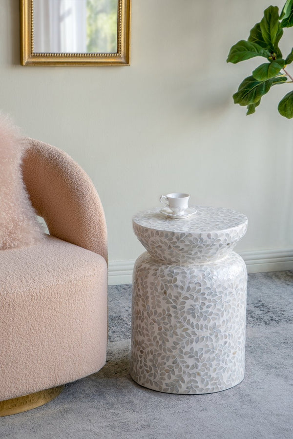 English Elm 14x14x20" Decorative Drum Stool with Starburst Capiz Shell Inlay for Elegant Living Rooms White W2078P326590