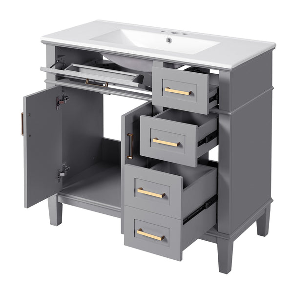 English Elm 36" Gray Modern Bathroom Vanity with Ceramic Sink, Solid Wood Frame, Soft-Close Doors & 4 Drawers N729P253935E