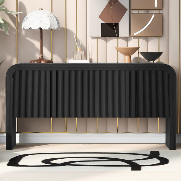 English Elm U_style Wave Door Pine Console Table Sculptural Storage for Entryway or Sofa Black N711P415846B