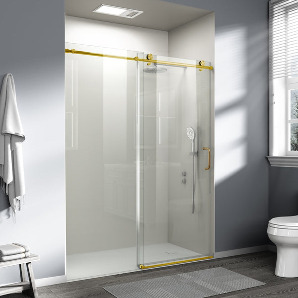 English Elm 56" Frameless Sliding Shower Door Brushed Gold Tempered Glass Walk-in Enclosure W1573P399019