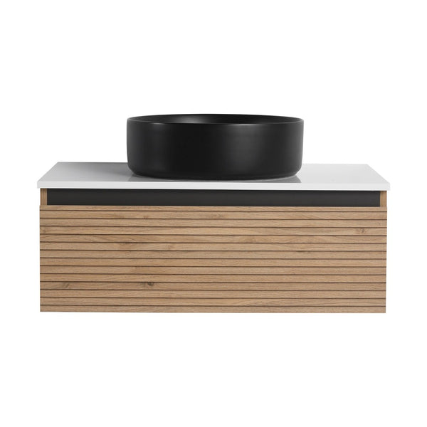 English Elm 30'' Floating Wall Mounted Vanity Hand Painted Ceramic Vessel Sink Soft Close Drawer W999S00360