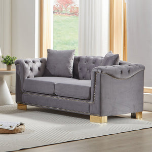 English Elm {video] Chesterfield Two-seater Velvet Sofa with Nailhead Trim and Tufted Gold Leg Luxury Grey W1926S00105