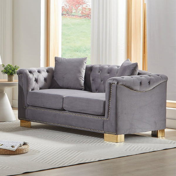 English Elm {video] Chesterfield Two-seater Velvet Sofa with Nailhead Trim and Tufted Gold Leg Luxury Grey W1926S00105
